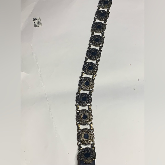 Paulith Vintage Marked Metal Conchos - Black Leather Ladies Belt 35 Inches EUC - Picture 4 of 12